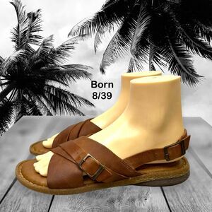 Born Brown Leather 2 Adjustable Buckles Slingback Flat Sandal Womens Size 8 M